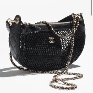 CHANEL Black Quilted Mesh Crossbody Bag with Gold Chain. VIP/GWP
